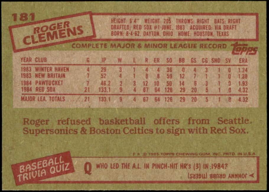 1985 topps roger clemens back