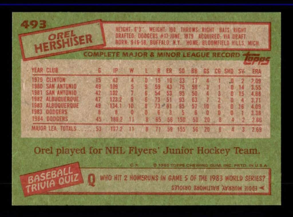 1985 topps orel hershiser