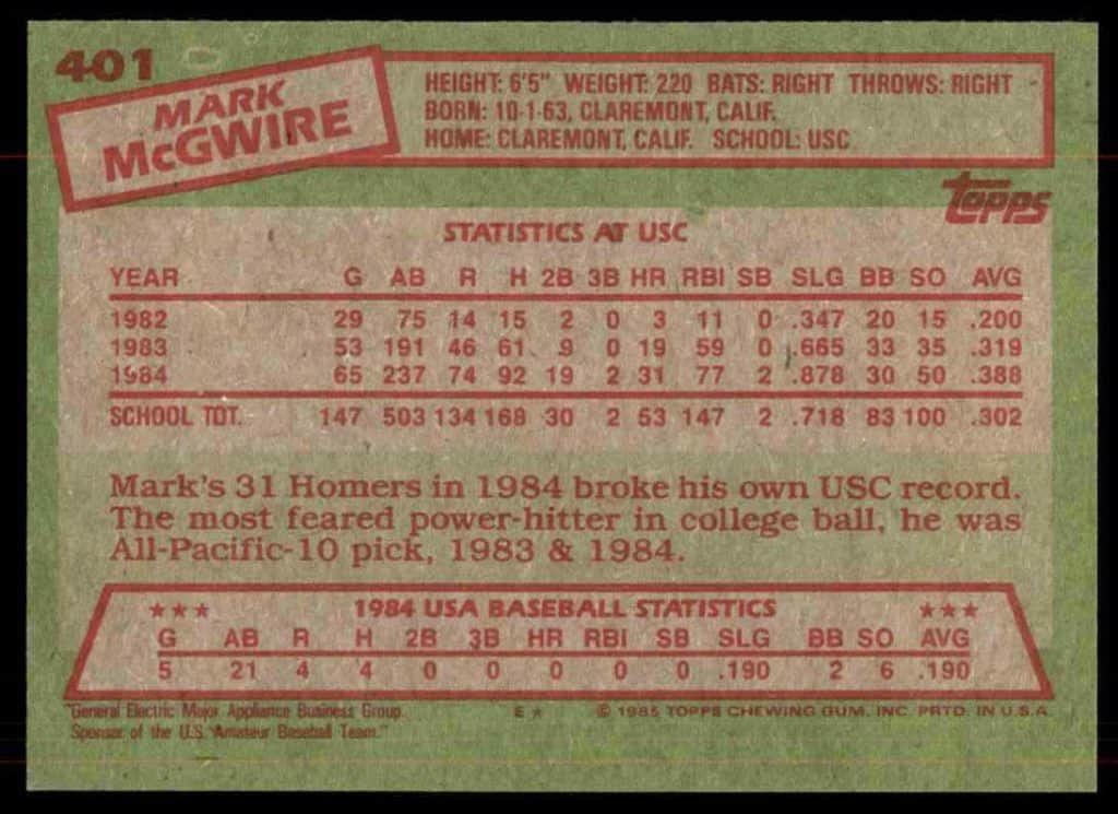 1985 topps mark mcgwire baseball card back